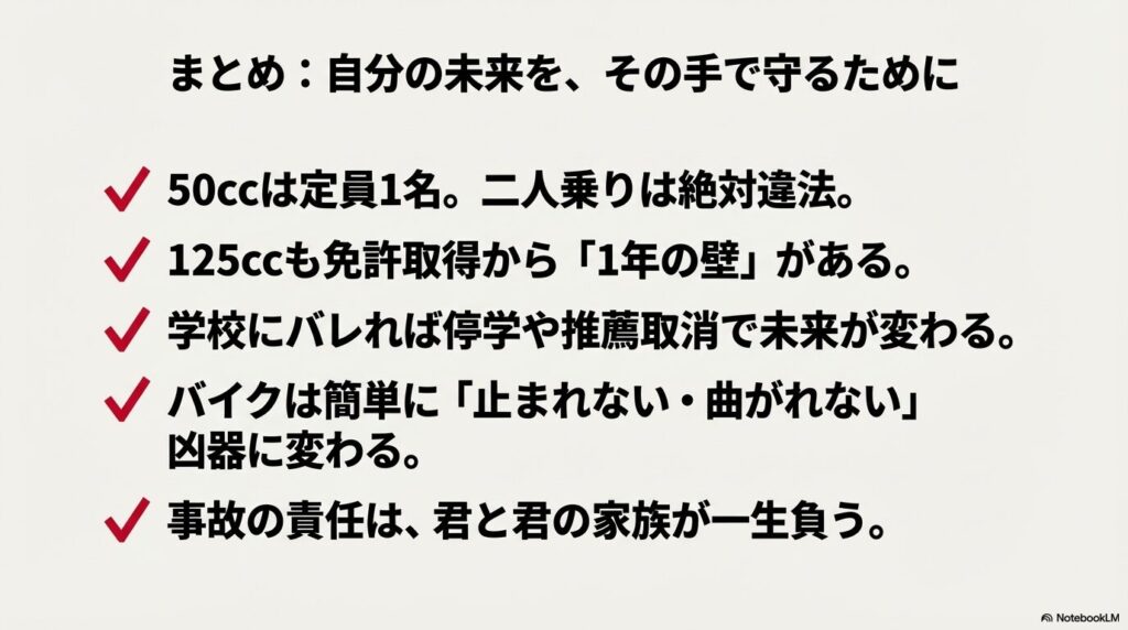 法律、学校、物理、責任の観点から原付の二人乗りを避けるべき理由をまとめた最終確認用スライド