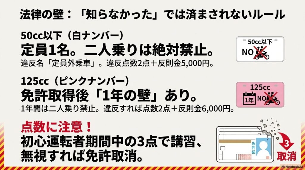 50cc原付と125ccバイクの二人乗りルールの違いと、免許取得後1年間の禁止期間、違反点数の解説図