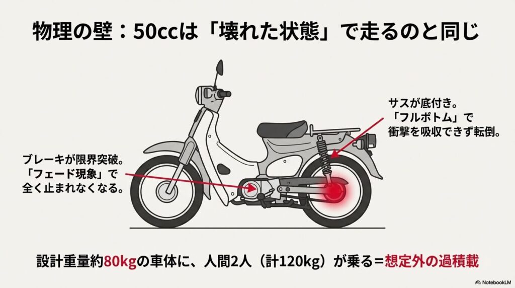 二人乗りによる過積載がブレーキのフェード現象やサスペンションの底付きを引き起こし、転倒につながるメカニズムの解説