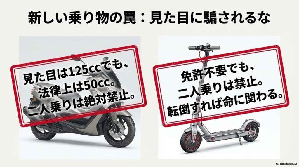 外見は125ccでも法律上は50cc扱いとなる新基準原付と、特定小型原付の二人乗り禁止に関する注意喚起スライド