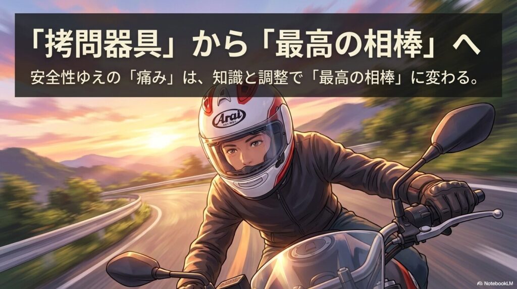 サイズ調整を行い完璧にフィットしたアライヘルメットで快適に走るライダーのアニメ調イラスト