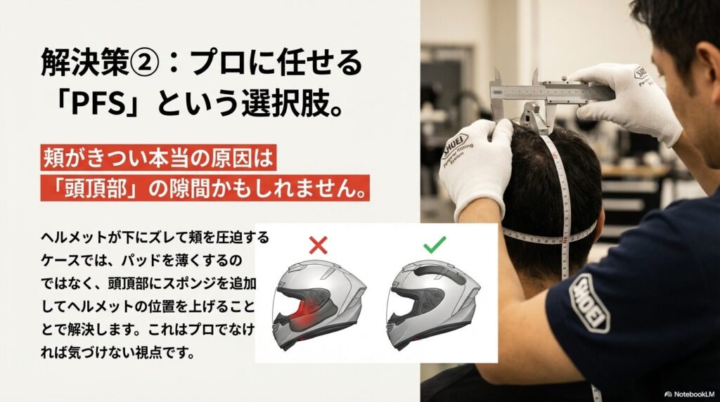 SHOEIパーソナルフィッティングシステム(PFS)による頭頂部調整で頬のきつさを解消する方法