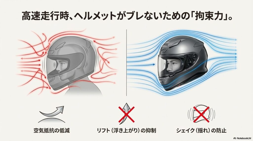 高速走行時のヘルメットのリフトやシェイクを防ぐための拘束力と空力性能