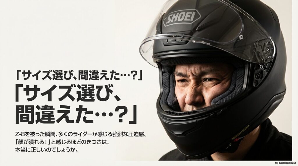 SHOEI Z-8を被って頬が圧迫され顔が潰れているライダーとサイズ選びへの不安