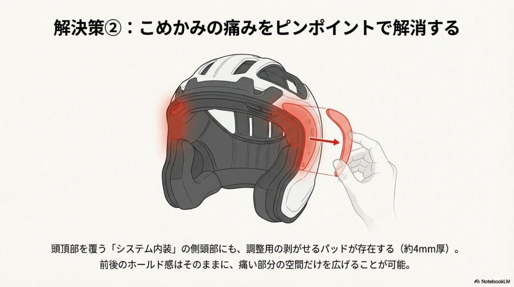 ヘルメットのシステム内装から側頭部のパッドを抜き取りこめかみの空間を広げる裏技