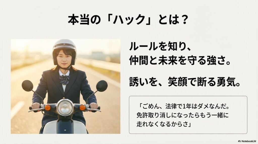 仲間と自分の未来を守るために、法律違反となる二人乗りの誘いを笑顔で断る本当のバイクライフハックの提案