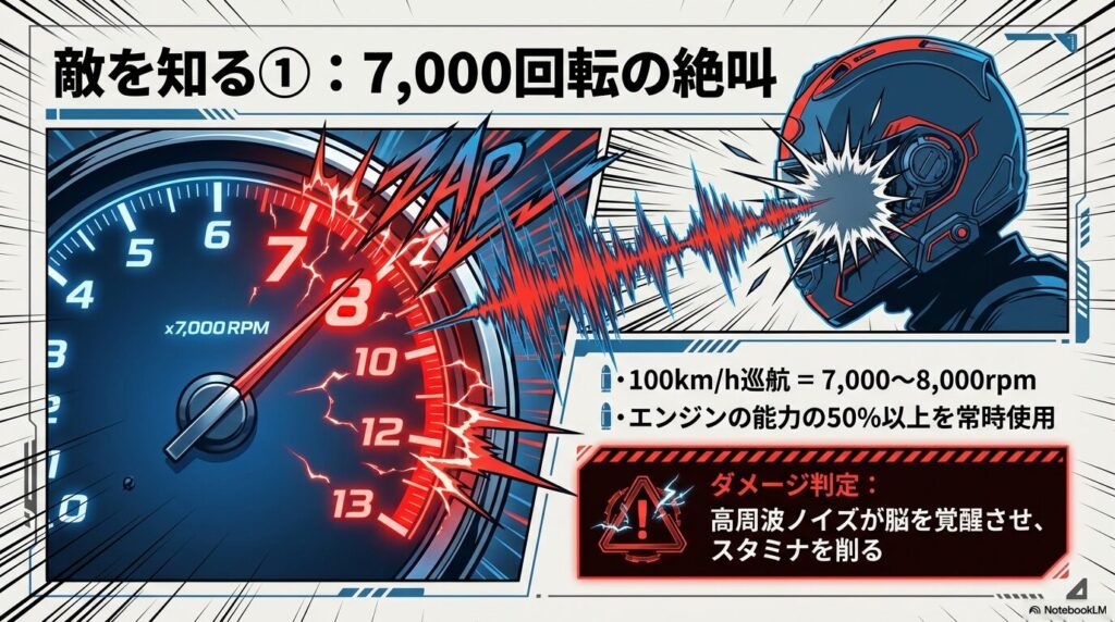 タコメーターがレッドゾーン手前の7,000RPMを指しているイラスト。「100km/h巡航＝7,000〜8,000rpm」というデータと、高周波ノイズがスタミナを削る仕組みが図解されている。