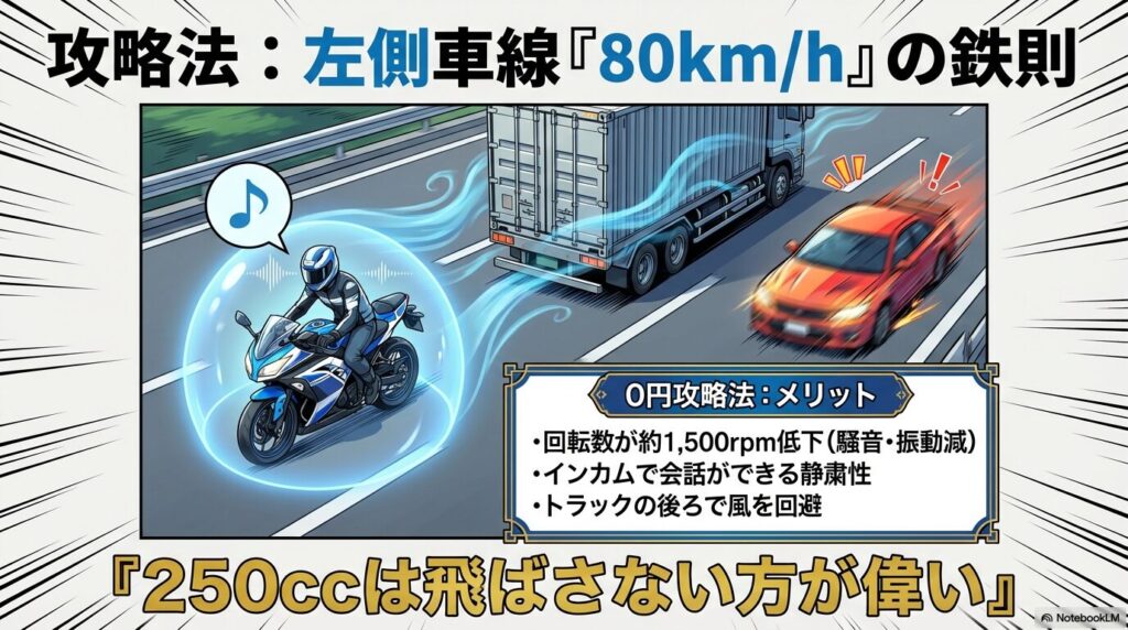 左側車線を80km/hで快適に走行するライダーと音符マークのイラスト。「回転数が約1,500rpm低下」「インカムで会話ができる静粛性」などのメリットがリストアップされている。