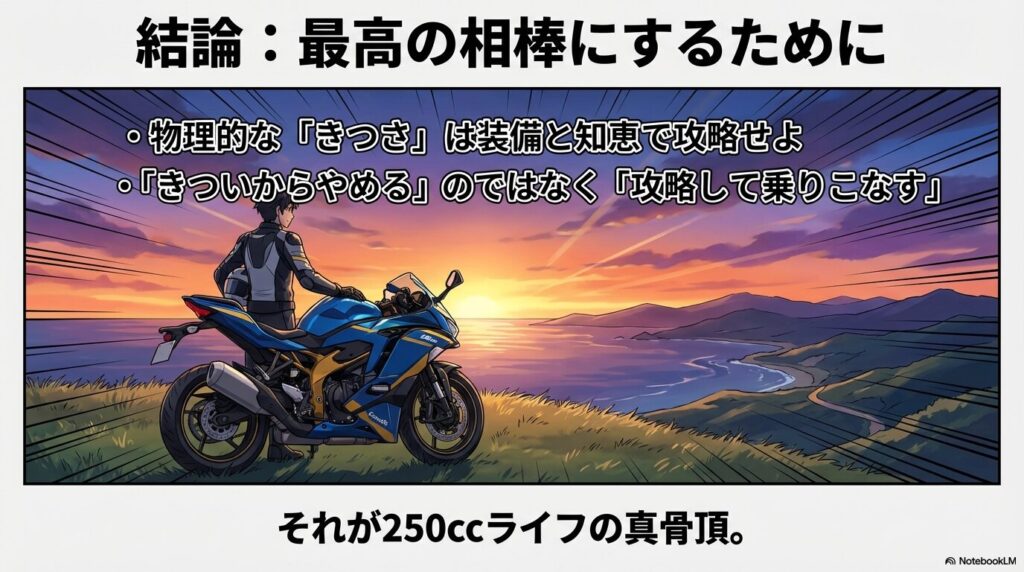 夕暮れの絶景スポットに佇むライダーとバイクの後ろ姿。「きついからやめる」のではなく「装備と知恵で攻略して乗りこなす」というポジティブなメッセージが表示されている。