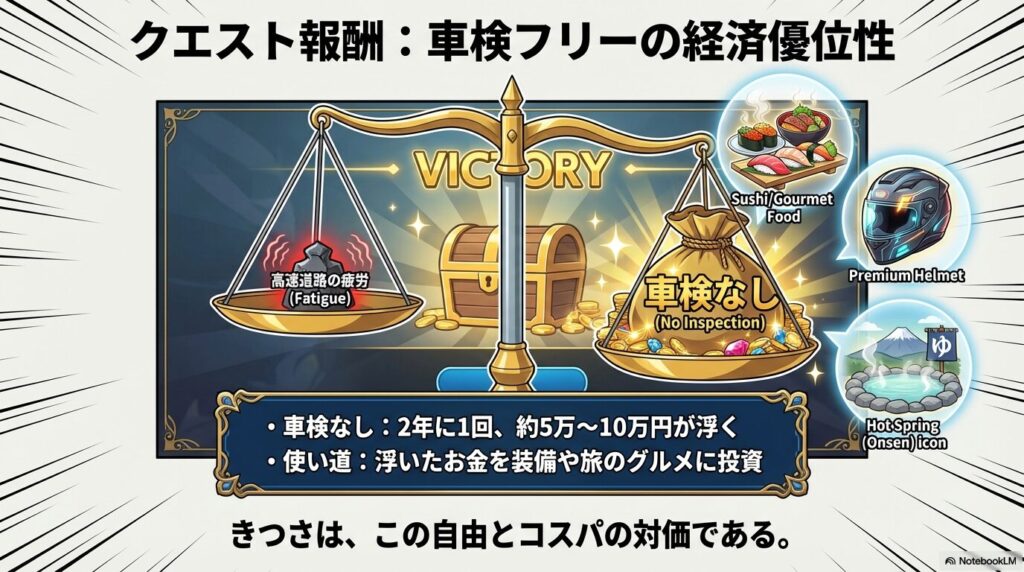 天秤に乗せられた「高速道路の疲労」と「車検なし（経済的メリット）」が釣り合っているイラスト。浮いたお金でグルメや温泉、高級ヘルメットを手に入れるイメージが描かれている。