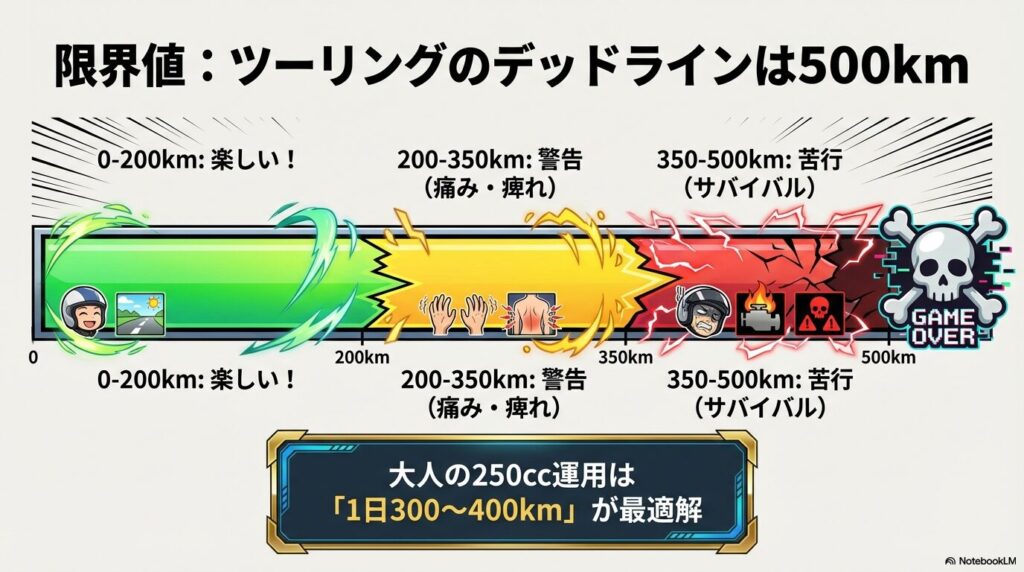 走行距離ごとの疲労度を示すカラーゲージ。0-200kmは「楽しい！」、200-350kmは「警告（痛み）」、350-500kmは「苦行（サバイバル）」と推移し、500kmでゲームオーバーとなる図。