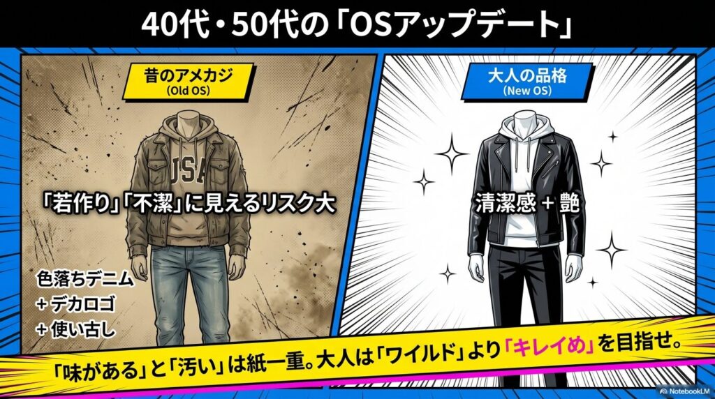昔のアメカジを引きずるNG例と清潔感のある大人コーデの比較図