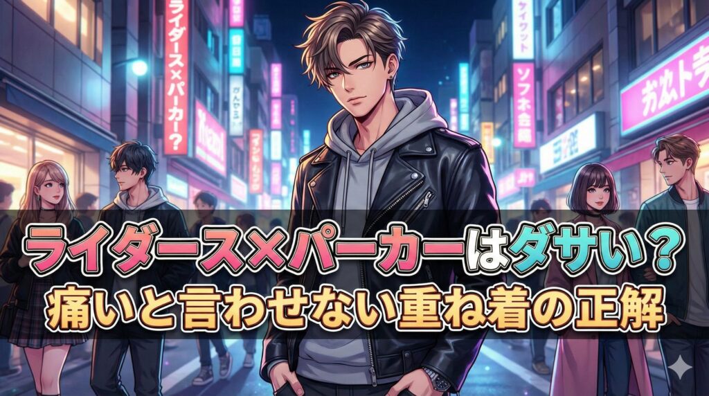 ライダースジャケットにグレーのパーカーを合わせたおしゃれな男性のアニメ調イラスト。「ライダース×パーカーはダサい？痛いと言わせない重ね着の正解」という記事タイトル文字入り。