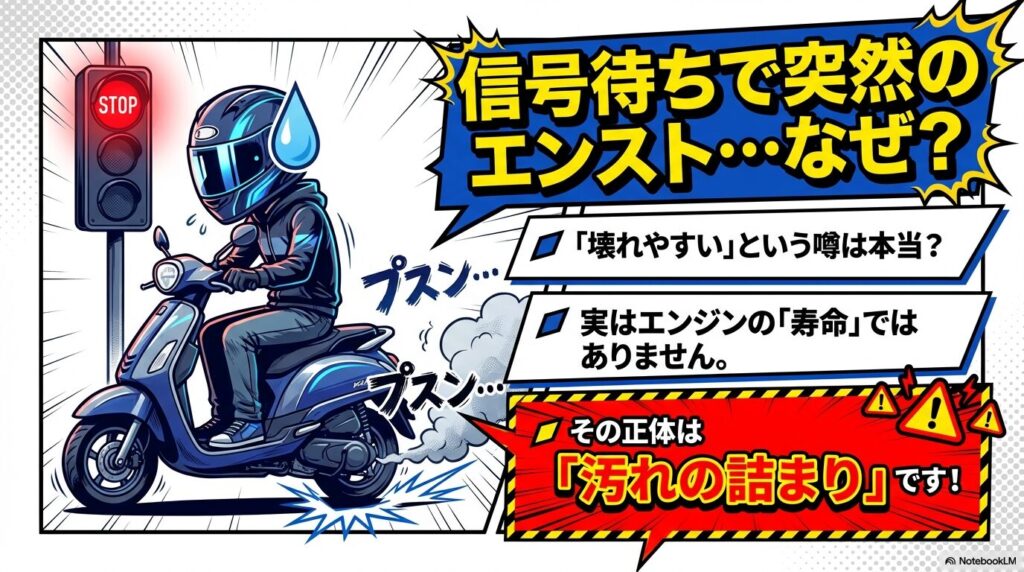 信号待ちで突然エンストするスクーターのイラストと、その原因がエンジンの寿命ではなく汚れの詰まりであることを解説した図解