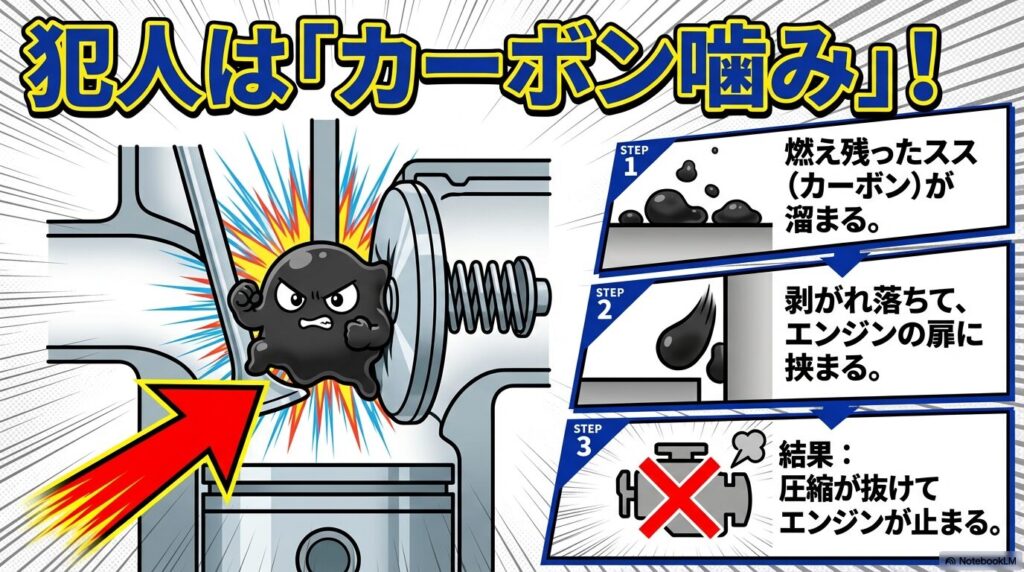 燃え残ったススが溜まり、剥がれ落ちてバルブに挟まることで圧縮抜けが起きる3ステップのメカニズム図解