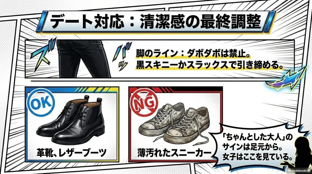 薄汚れたスニーカーはNG、革靴やブーツで清潔感を出す比較図