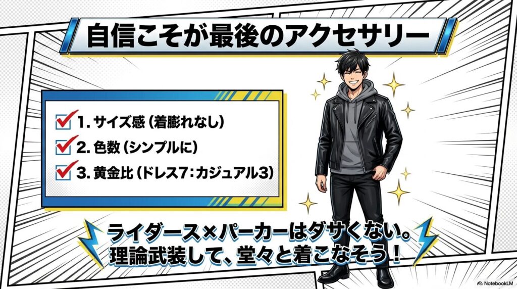 サイズ感、色数、黄金比を守って自信を持って着こなそうというまとめ