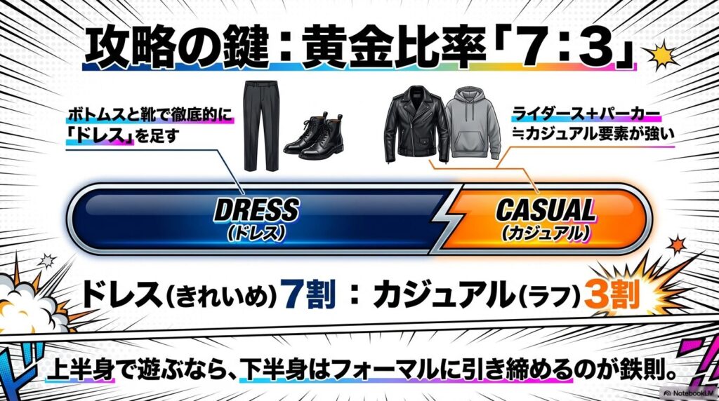 ライダースとパーカーのカジュアル要素をドレス要素で中和する7対3の法則