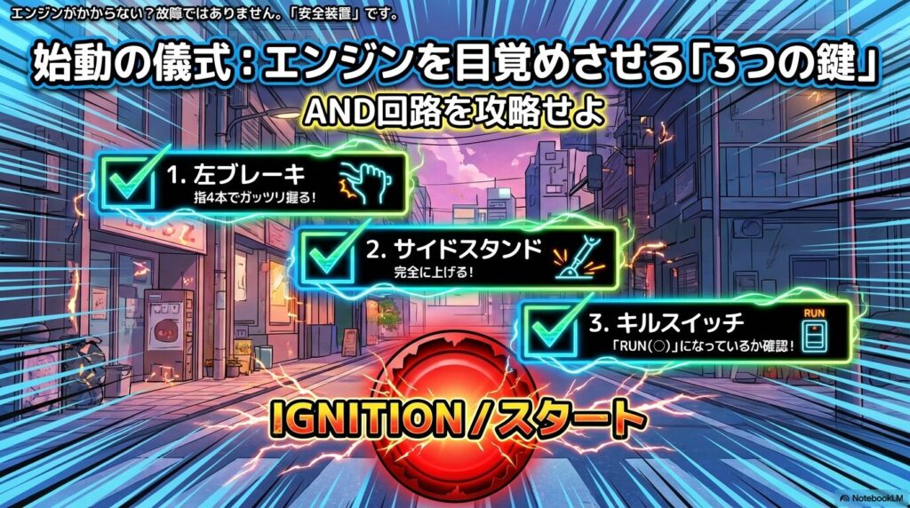 原付のエンジンがかからない時に確認すべき3つの安全装置（左ブレーキ、サイドスタンド、キルスイッチ）のチェックリスト