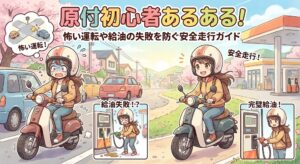 原付初心者の運転あるあると給油・安全走行ガイド【アニメ調アイキャッチ画像】