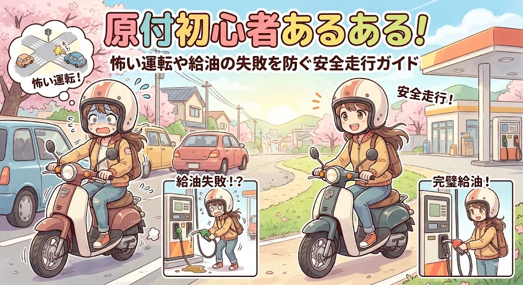 原付初心者の運転あるあると給油・安全走行ガイド【アニメ調アイキャッチ画像】