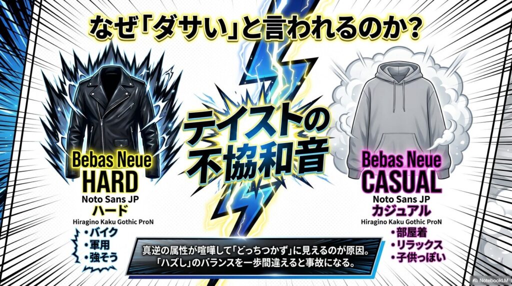 ライダースのハードさとパーカーのカジュアルさが喧嘩して不協和音を生む図解