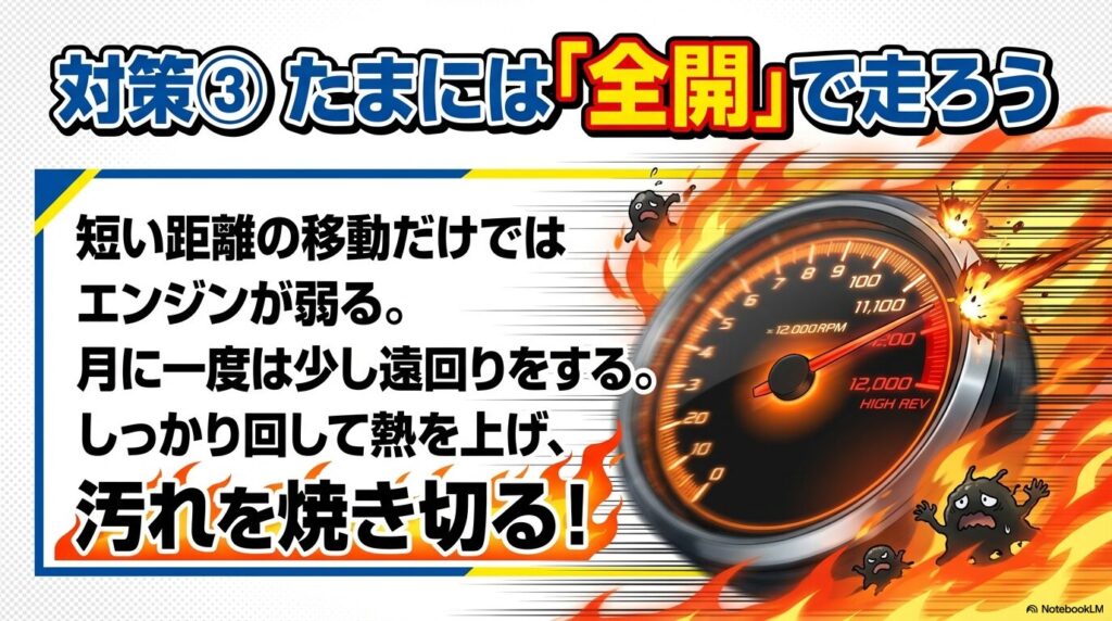 月に一度は遠回りをし、エンジンを高回転まで回して汚れを焼き切るメンテナンス走行のイメージ図