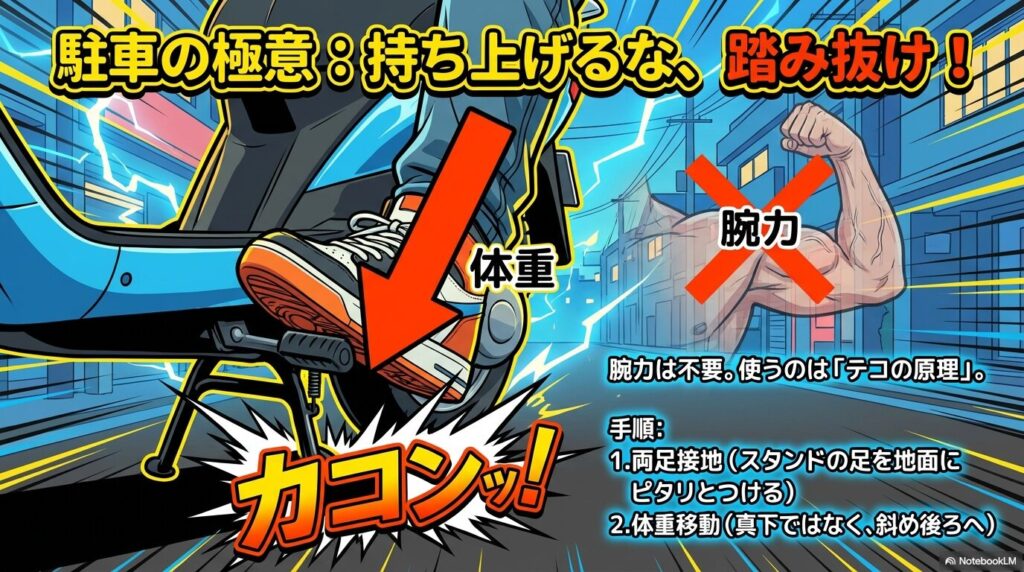 力を使わずにテコの原理で原付のセンタースタンドを立てる手順と体重移動のコツ