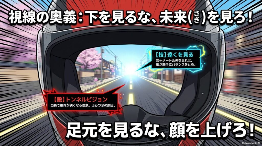原付初心者がふらつく原因であるトンネルビジョンと、遠くを見ることで安定する視線のコツを図解