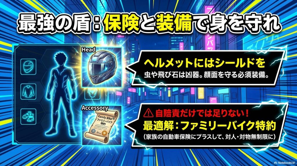 自賠責保険の不足分を補うファミリーバイク特約の重要性とシールド付きヘルメットの必要性