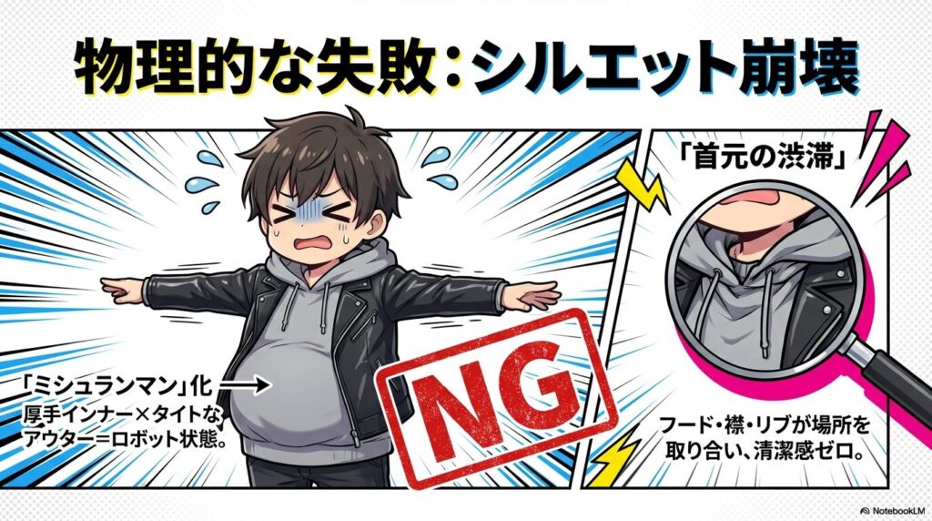 厚手インナーによる着膨れ（ミシュランマン化）と首元の渋滞を示すNG例
