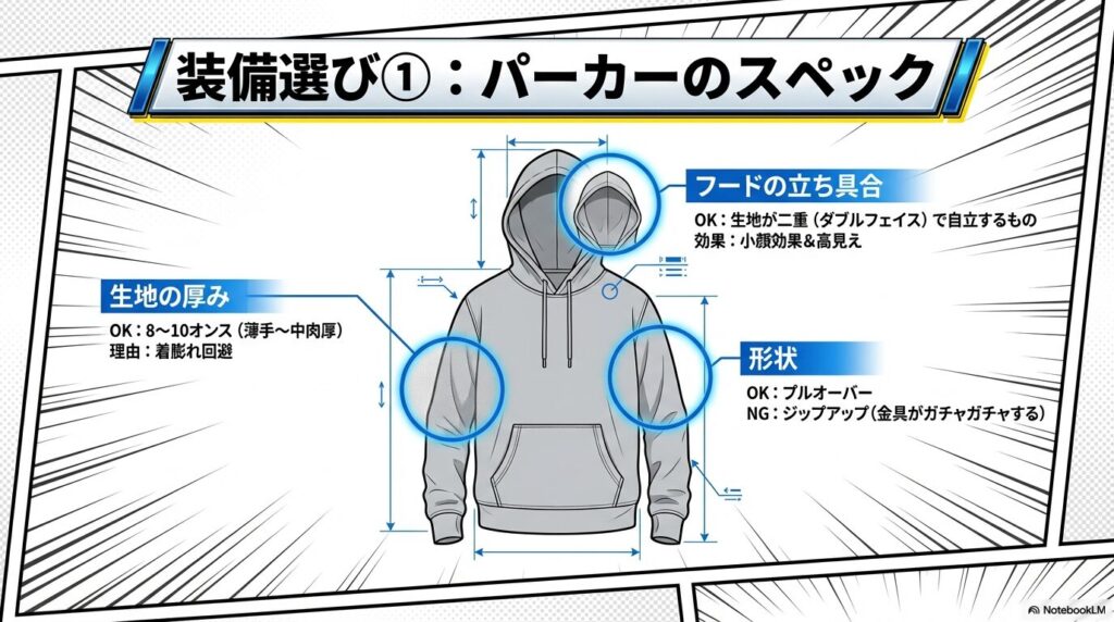 失敗しないパーカーの選び方：生地の厚みとフードの立ち具合の図解