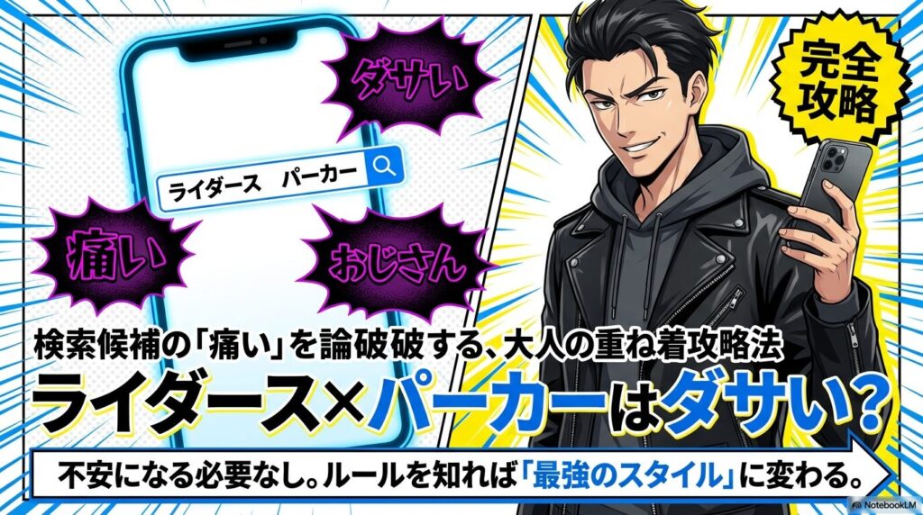 ライダースとパーカーの重ね着がダサいと言われる理由と解決策のタイトルスライド