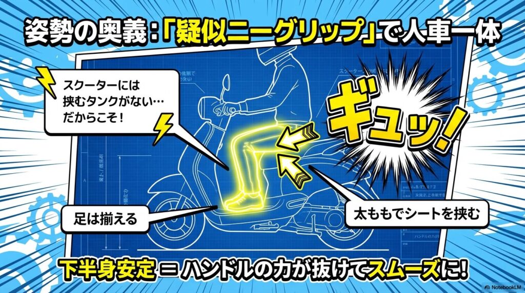 スクーターでニーグリップをするための足の配置と太ももでシートを挟む姿勢のポイント