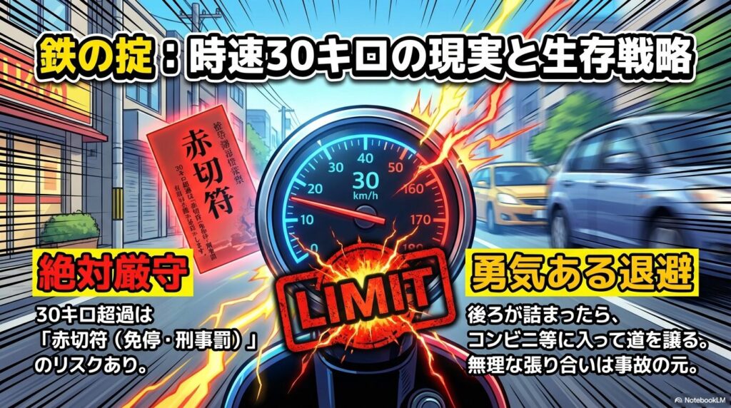 原付の法定速度30km/hを超過した場合の赤切符リスクと後続車への道を譲るマナー