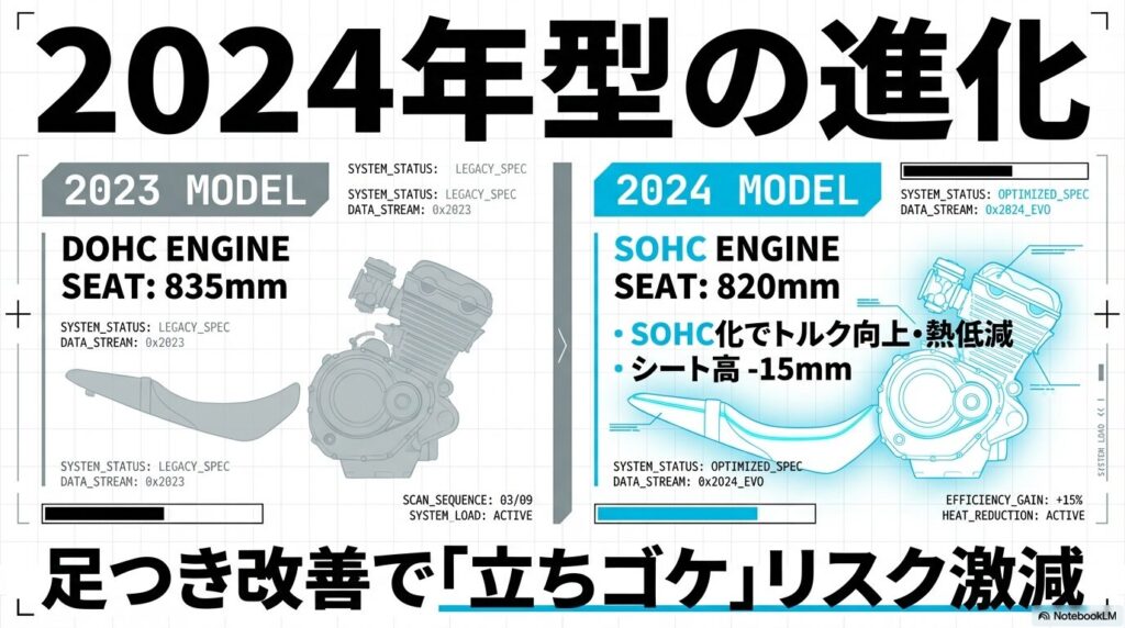 2024年モデルの進化：SOHC化とシート高低減による立ちゴケリスク減少の比較
