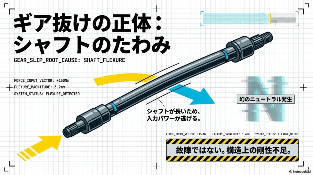 長いシフトシャフトのたわみが原因で発生するギア抜けのメカニズム