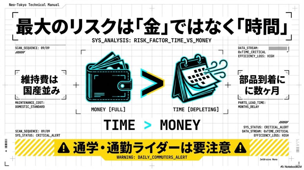 維持費（お金）よりも部品待ち（時間）が最大のリスクであることを示す比較図