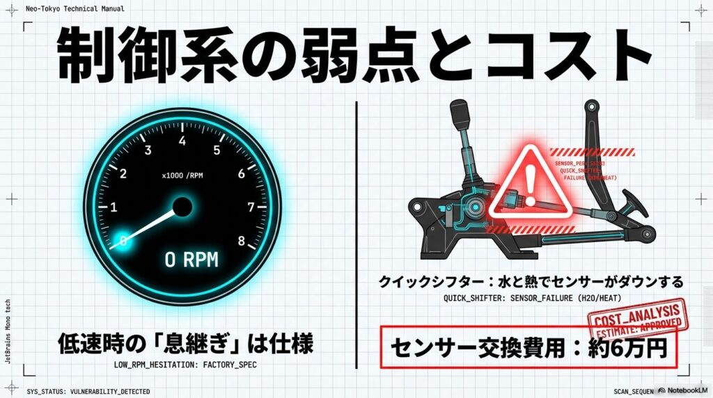 クイックシフターセンサーの水濡れ・熱害リスクと低回転域の仕様解説