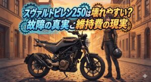 アニメ調のスヴァルトピレン250と女性ライダーのアイキャッチ画像。「スヴァルトピレン250は壊れやすい？故障の真実と維持費の現実」というタイトル文字入り
