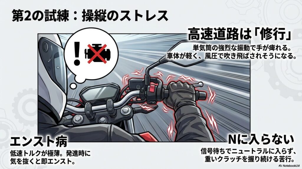 高速道路での振動と風圧による操縦のストレスとエンスト病