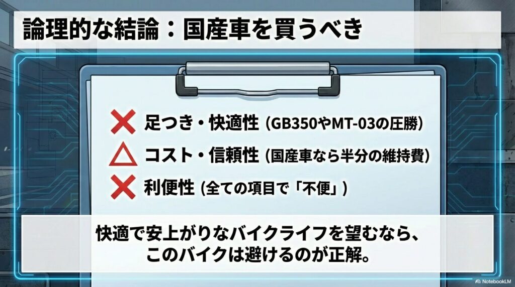 論理的な結論は国産車を買うべき？GB350やMT-03との比較