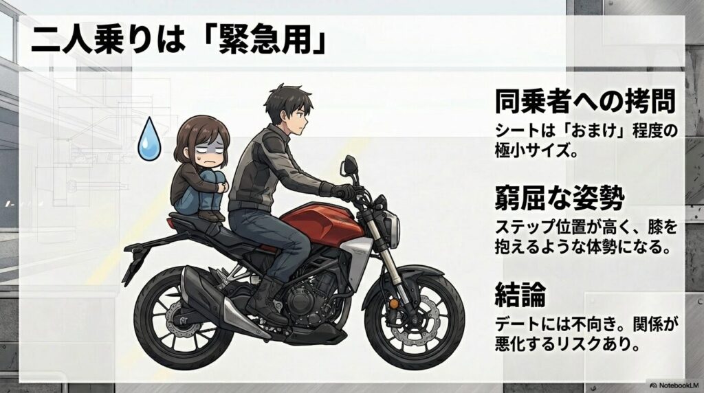 二人乗りは緊急用！同乗者への拷問となる窮屈なリアシート