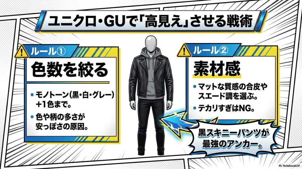 色数を絞り素材感にこだわることでプチプラでも高見えさせるルール