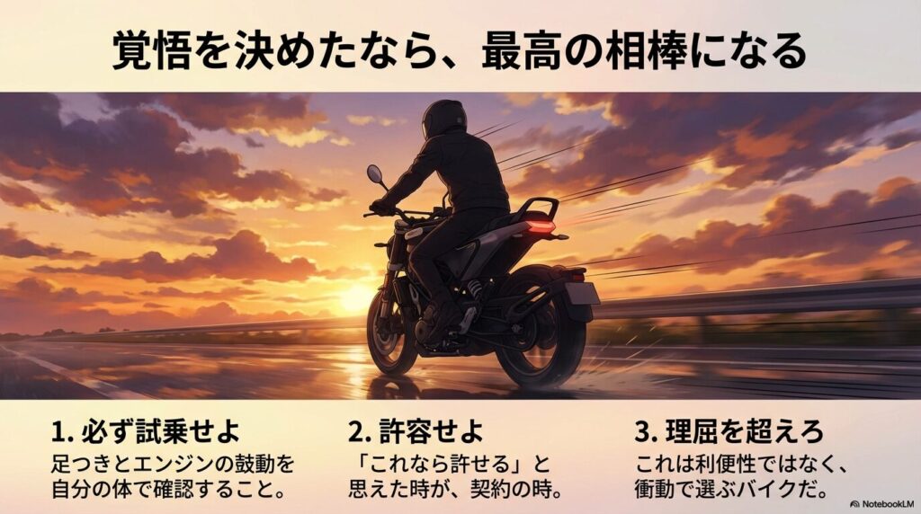 覚悟を決めたなら最高の相棒になる！試乗と衝動で選ぶバイク