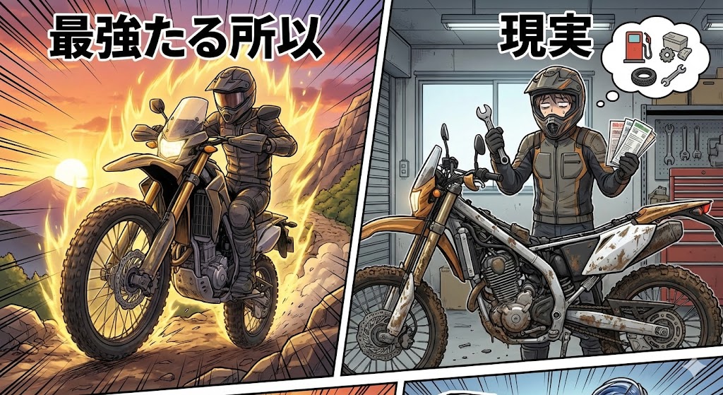アニメ調イラスト。「400ccオフロードバイクの最強たる所以と現実」という見出し。左側は炎をまとう迫力ある走行シーン、右側は車検や整備費用に頭を抱えるライダーを描いた対比画像。
