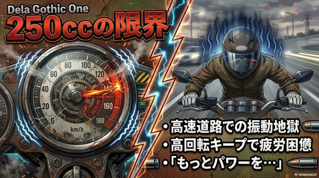 250ccの限界。高速道路での振動地獄、高回転キープで疲労困憊。「もっとパワーを」と感じるレッドゾーン付近の走行イメージ。