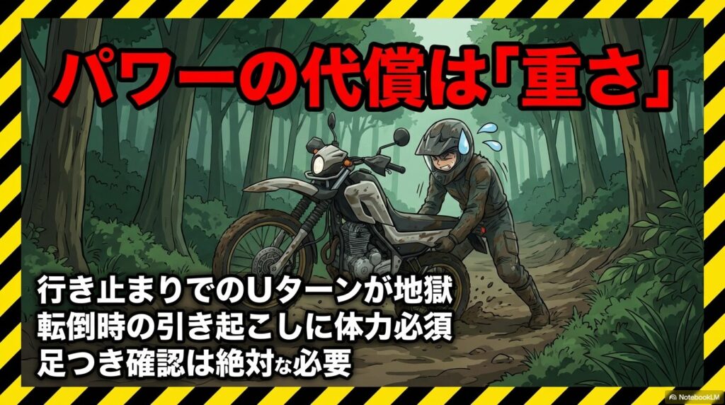 パワーの代償は重さ。行き止まりでのUターンが地獄になり、転倒時の引き起こしに体力が必須。足つき確認は絶対必要。