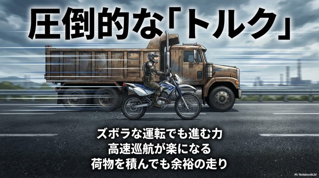 圧倒的なトルク。ズボラな運転でも進む力があり、高速巡航が楽になる。荷物を積んでも余裕の走り。