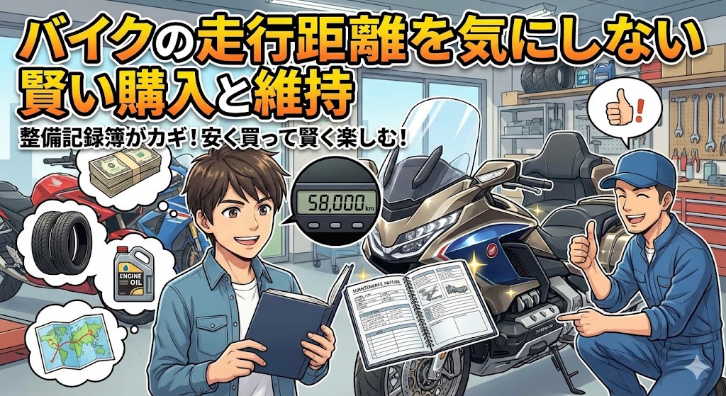 バイクの走行距離を気にしない賢い購入と維持についての解説イメージ。整備記録簿を確認し、コストを抑えて楽しむ様子を描いたアニメ調イラスト。